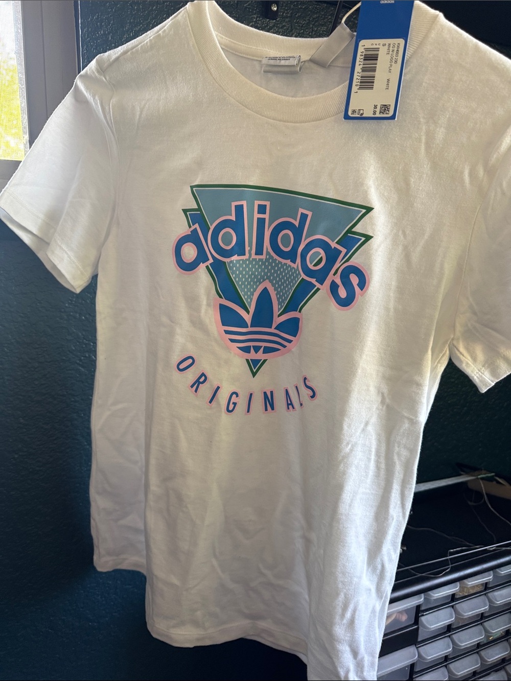 adidas White Tee with Pink & Teal Logo